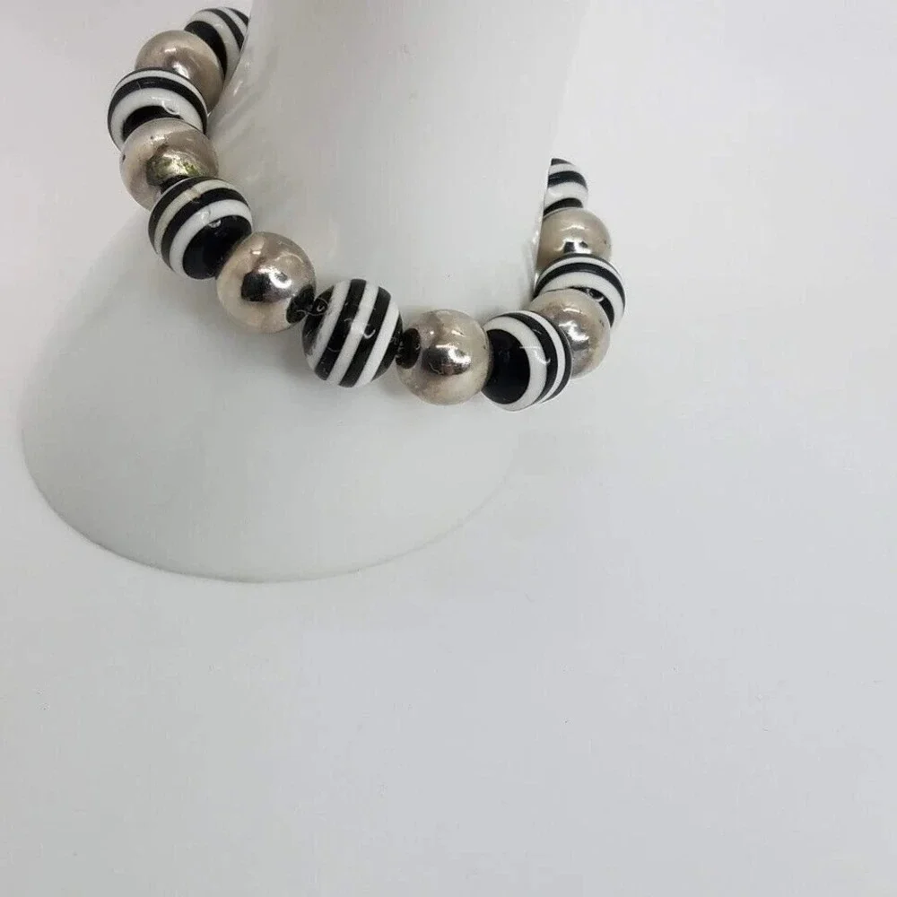 Chic Black‎ White Stripe Silver Tone Beaded Stretch Bracelet Fashion Jewelry